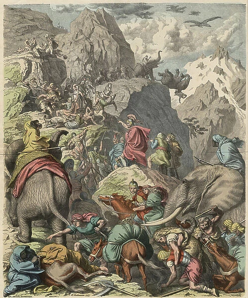 Second Punic War : Hannibal crossing the Alps, 1866 (coloured engraving)