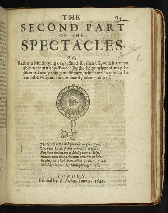 Framed Print : The Second Part of the Spectacles; or, Rather a Multiplying Glass, Fitted for Their Use, Which Are Not Able to See with Spectacles, 1644 (engraving)