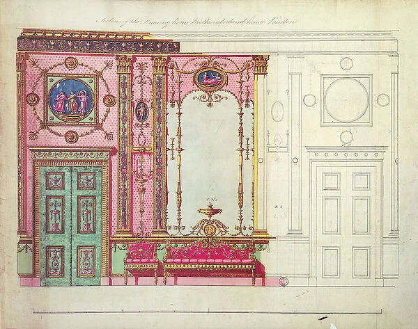 Section of the Drawing Room, Northumberland House, London; Design for end wall, (pen