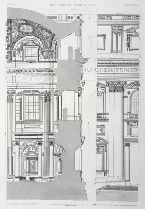 Framed Print : Section of right apse, right, portion of elevation of main facade, engraving from Vatican and St Peter's Basilica, 1882, by Paul Marie Letarouilly (1795-1855), Volume I, St Peter's Basilica, Plate 11 Framed Print : Section of right apse, right, portion of elevation of main facade, engraving from Vatican and St Peter's Basilica, 1882, by Paul Marie Letarouilly (1795-1855), Volume I, St Peter's Basilica, Plate 11