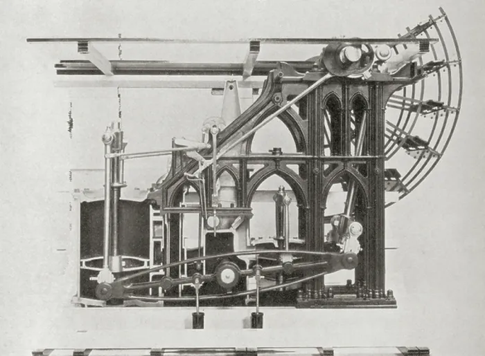 Framed Print : Sectional view of a Side-lever engine (litho)