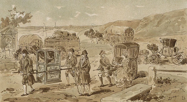 Sedan chair, heavy wagon, vinaigrette and coupe, Austrian Netherlands, 18th Century (litho)