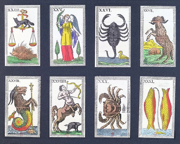 Selection of astrological tarot cards (coloured engraving)