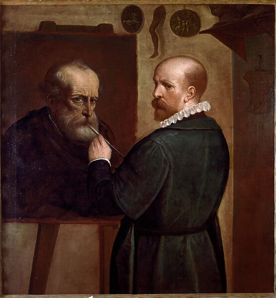 Self-portrait of the artist making the portrait of his father Painting by Luca Cambiaso