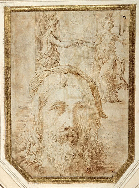 Self-portrait, imposed on preliminary studies for two canephori of the Steccata