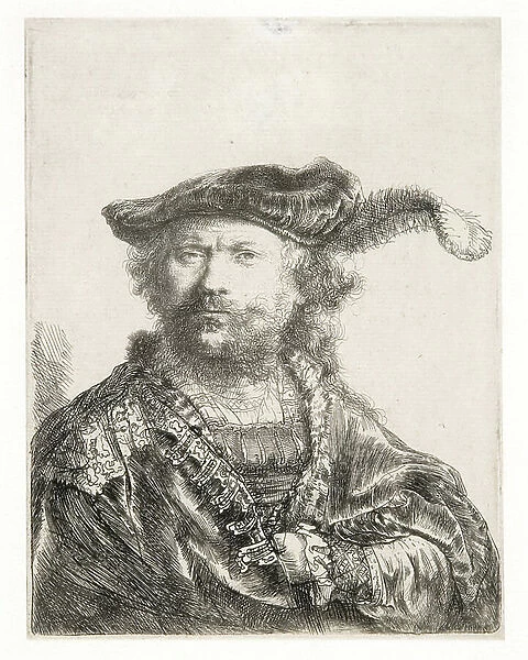 Self portrait in velvet cap and plume, 1638 (etching)