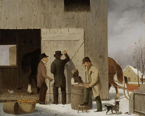 Selling Corn, Settling the Bill, 1852 (oil on wood)