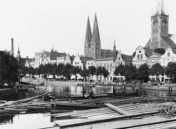 Selling wood on the River Trave, Lubeck, c. 1910 (b  /  w photo)