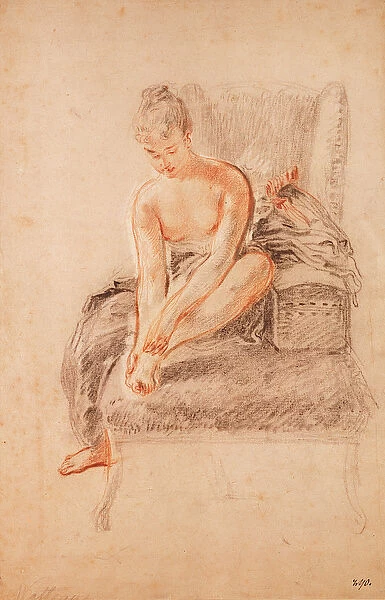 Semi-nude woman seated on a chaise longue, holding her foot (sanguine and black chalk