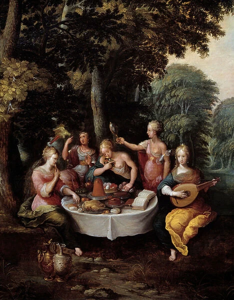 The five senses young women in a landscape with banquet (taste), music (hear)