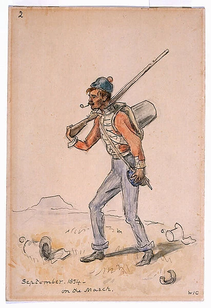 September 1854 On the March, Crimea, 1854 circa (pen and ink and watercolour )
