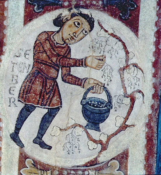 September, detail of an Agricultural Calendar painted in an arch of the Royal Pantheon, 12th century (mural painting)