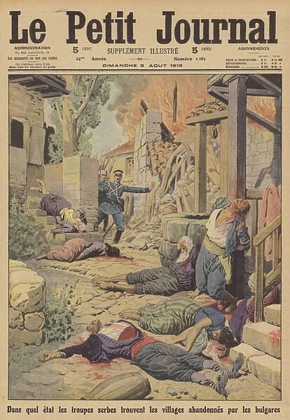 Serbian troops entering a Macedonian village abandoned by the Bulgarians (colour litho)