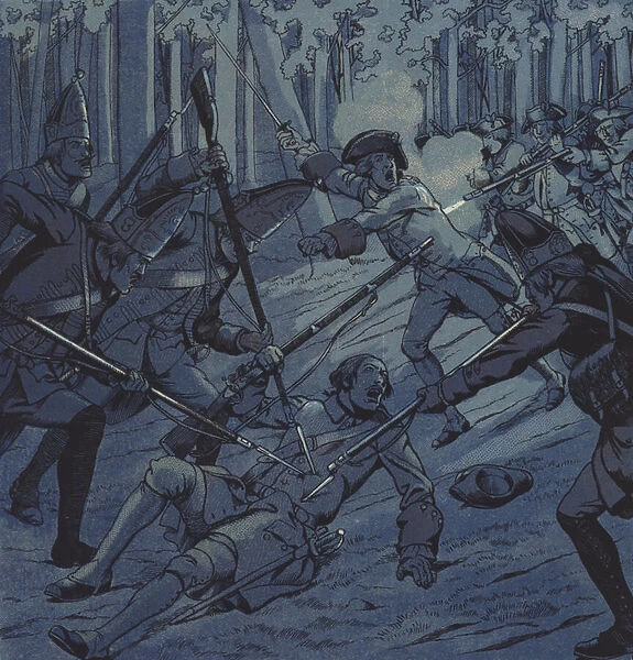Sergeant Dubois and the Chevalier d Assas at the Battle of Kloster Kampen, 1760 (colour litho)