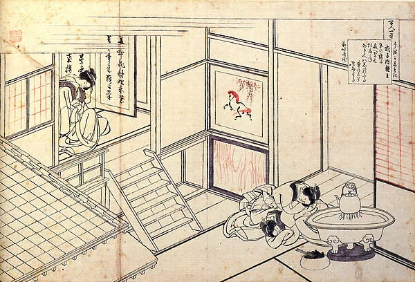 Serie de cent poemes de cent poetes : 'Shikishi Naishinno'Japonaises endormies dans un interieur - Estampe de Katsushika Hokusai (1760-1849) (ecole ukiyo-e) vers 1830 State Hermitage Saint Petersbourg