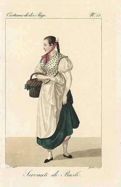 Servant girl of Basel, Switzerland, 19th century. She wears a tiny cap secured with a ribbon, and wears a polka dot fichu. Handcoloured copperplate engraving by Georges Jacques Gatine after an illustration by Louis Marie Lante from Costumes of