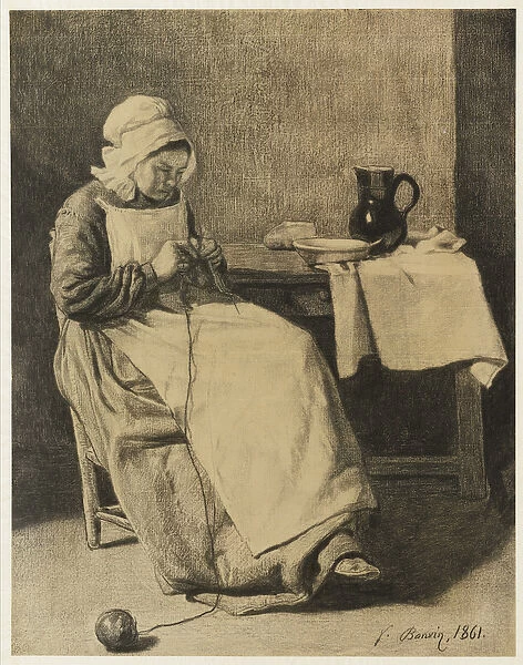 Servant Knitting, 1861 (charcoal & black chalk with stumping & erasing on beige laid