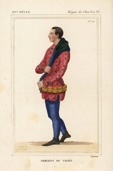 Servant or valet, sergeant or valet, in livery 15th century. In livery of scarlet jaquette, blue chaperon hood, and blue hose. Handcoloured lithograph by Leopold Massard after a miniature in a manuscriot book of Hommages to comte de Clermont in