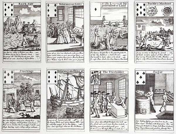 Set of Playing Cards depicting Satirical Scenes of Current Commercial Ventures