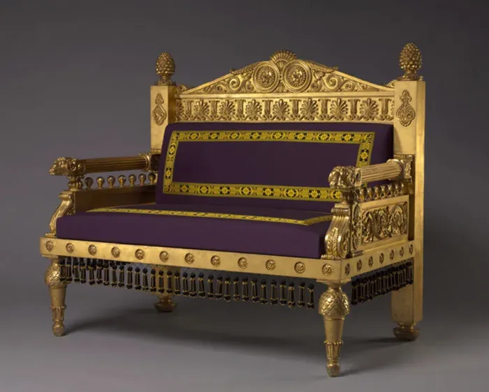 Framed Print : Settee, maker Unknown Maker, c. 1802-1807 (gilt-wood, reproduction wool upholstery)
