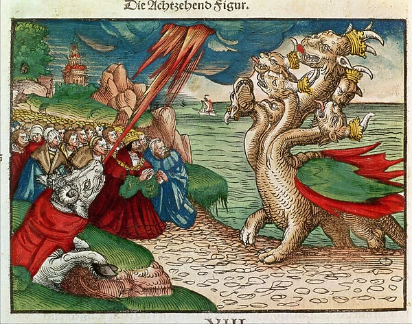 Seven-headed serpent from the Book of Revelation, from the Luther Bible, c