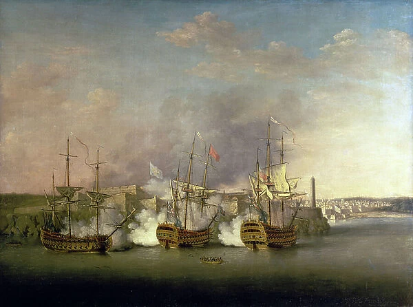 Seven Years War (1756-1763): The bombing of Morro Castle (Cuba) on July 1, 1762, an interpretation of the capture of Havana, depicted in the left background and in the center between the three ships, Morro Castle
