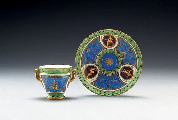 Sevres bleu celeste and pale-green ground two-handled cup and saucer, 1790 (ceramic)