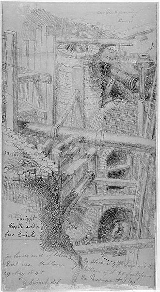 Sewer construction in Bloomsbury, London, 1845 (pencil on paper)