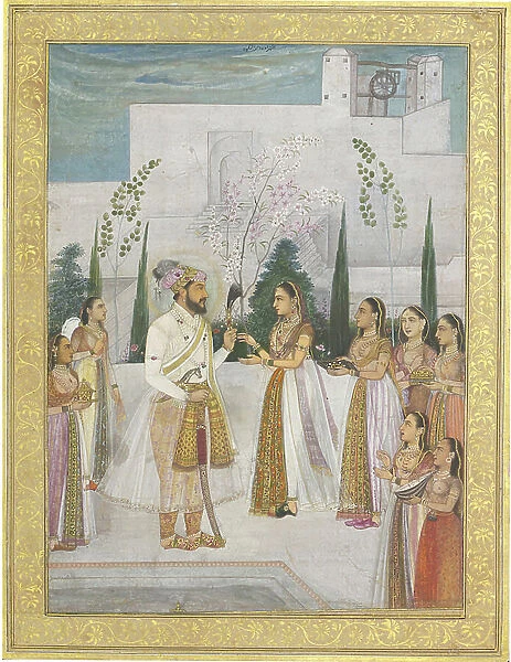Shah Jahan Presents Jewels to a Princess, 18th century (pigment, gold, paper)