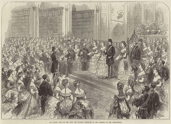 The Shahs Visit to the City, His Majesty replying to the Address of the Corporation (engraving)
