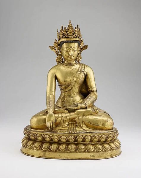 Shakyamuni Buddha in Jowo Rinpoche form, late 16th-early 17th century (gilt copper with blue pigment)