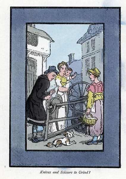 Sharpener sharpening a knife on his grinding wheel, with his clients (1819). Wood engraving, based on a painting by Thomas Rowlandson (1756-1827), published in The Cris of London: with six charming children and nearly 40 illustrations