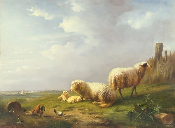 Sheep and chickens in a landscape, 19th century