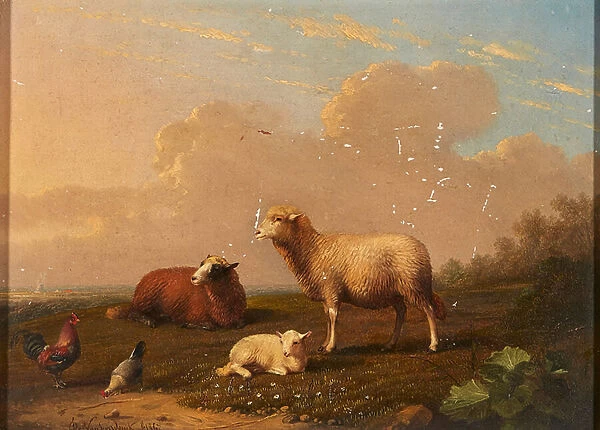 Sheep and Chickens in a Meadow (oil on panel)