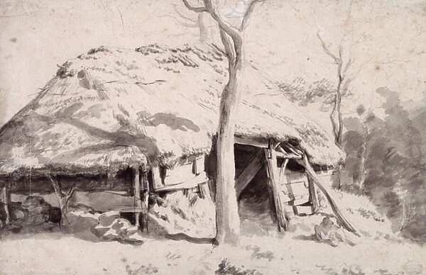 A Sheepfold in the Forest (chalk and wash)