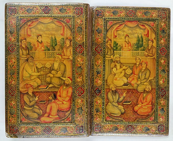 Sheikh Saadi discoursing with Nizami and attendants, Hafiz on reverse of book cover