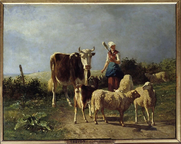 A shepherd with a cow and sheep. Painting by Constant Troyon (1810-1865) 19th century Sun