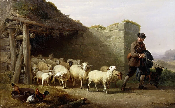 A Shepherd and his Flock, 1862 (oil on panel)