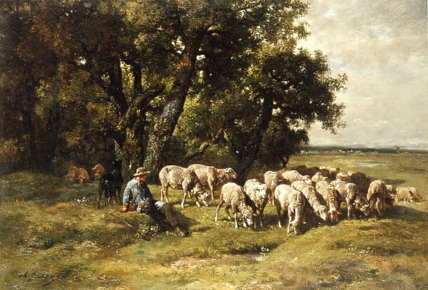 A shepherd and his flock (oil on canvas)