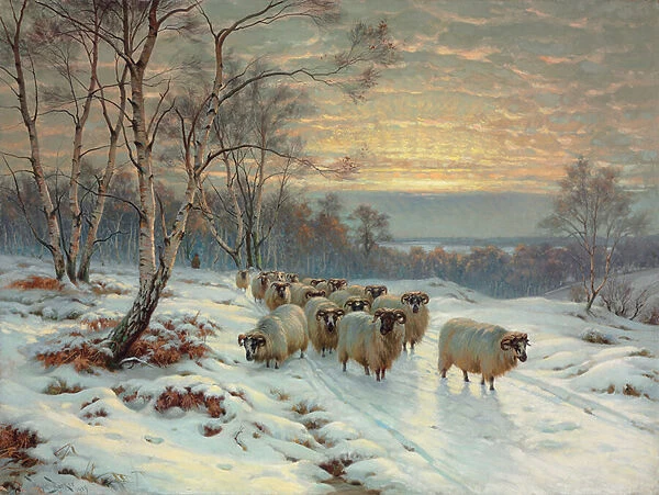 A shepherd with his flock in a winter landscape (oil on canvas)