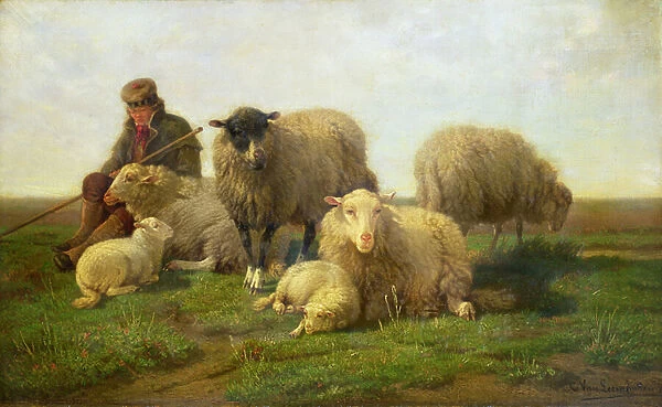 A Shepherd with Sheep and Lambs