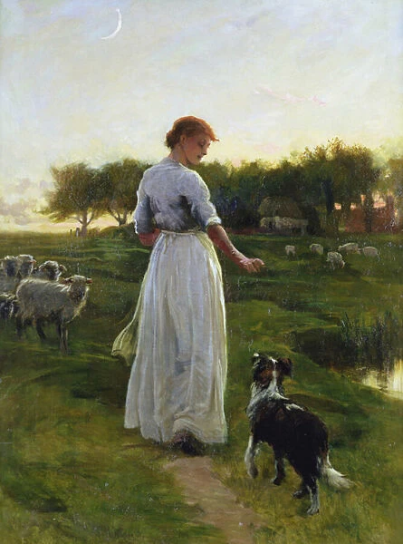 A Shepherdess with her Dog and Flock in a Moonlit Meadow