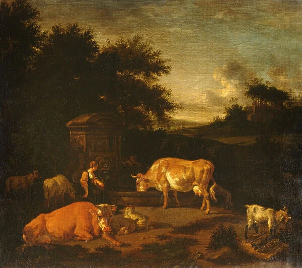 Shepherdess and a Drover with their Flocks by a Classical Fountain in a Wooded Landscape