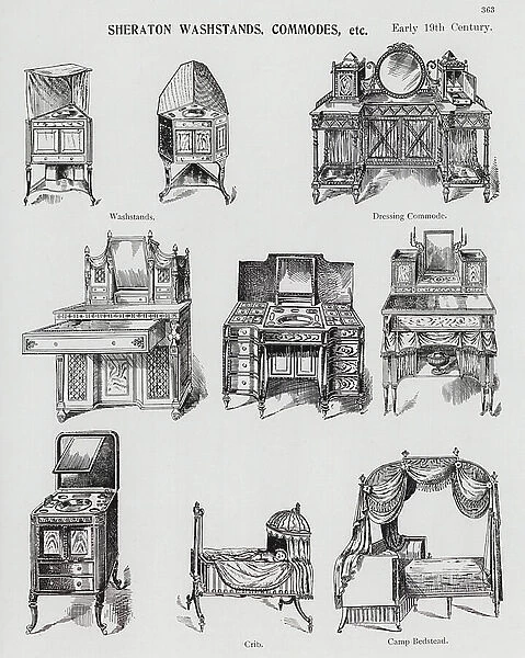 Sheraton Washstands, Commodes, etc, Early 19th Century (litho)
