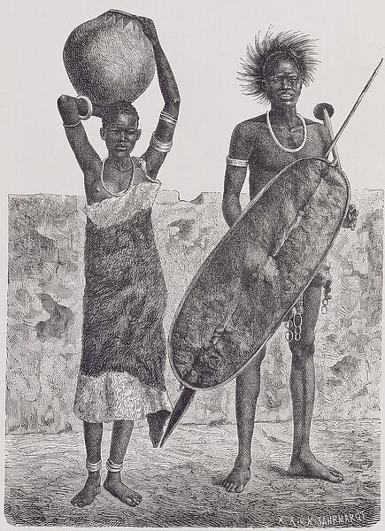 Shillook warrior and girl, engraved by Jahrmargt, from The History of Mankind, Vol