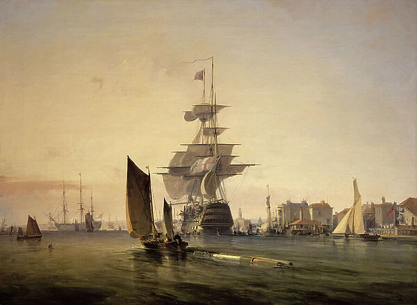 The ship Britannia entering Portsmouth (England) on February 4, 1835, after 5 years in the Mediterranean. Oil on canvas, 1835, by George Chambers (1803-1840)