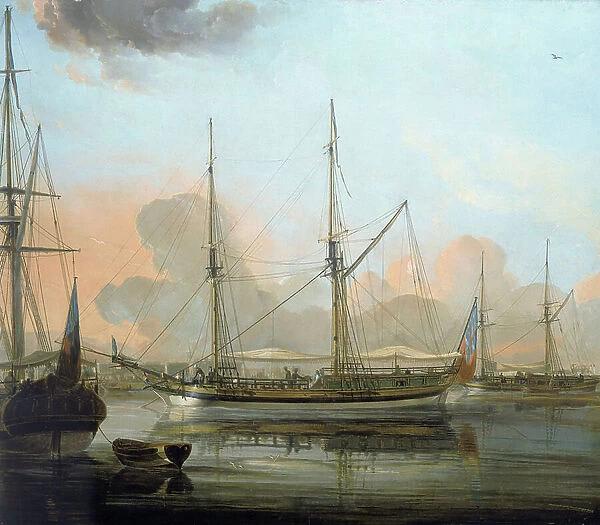 The ship 'Charlotte' from Chittagong, Bangladesh, and other ships, anchored in the Hugli River (India), in Calcutta. Oil on canvas, 1792, by Franz Balthazar Solvyns (1760-1824)