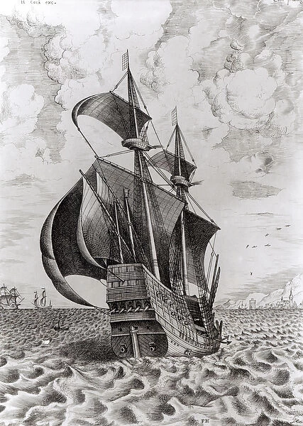 Ship, engraved by Hieronymus Cock (engraving) (b  /  w photo)
