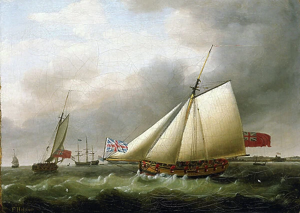 The ship Fly and other vessels, south of the Downs (England), bearing the Union Jack flag. Oil on canvas, 1779, by Francis Holman (ca. 1729-1784)