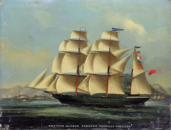 The ship has three masts Geelong, built in 1847, in front of the port of Hong Kong (China). Oil on canvas, 19th century Chinese school